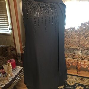 Enchanting Liz Claiborne Night Black Tiered Hem Beaded Top Formal Midi Dress S14